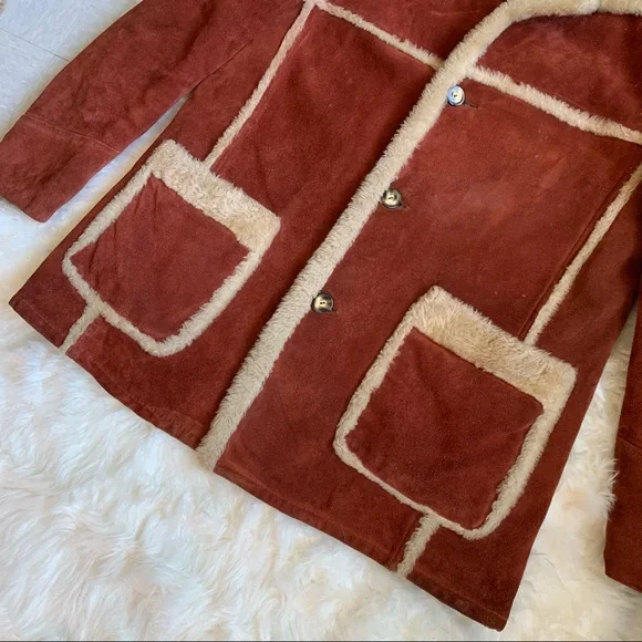 RARE vintage 70s burnt orange genuine suede Sherpa retro coat size XL - Picture 6 of 16